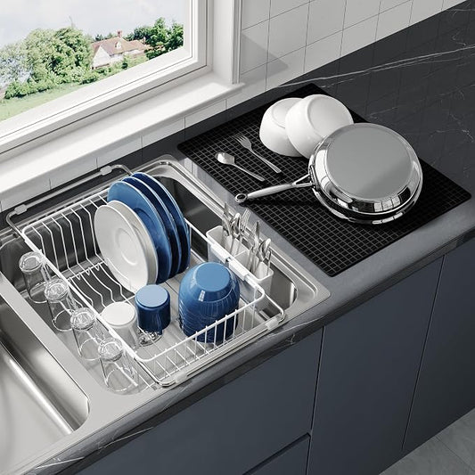 JASIWAY White Dish Drying Rack in Sink with Mat, Expandable Stainless Steel Dish Drainers for Kitchen Counter, Space Saving Dish Dryer for Inside Sink, Over Sink Dish Racks with Utensil Holder