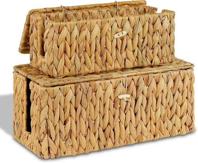 efluky 2 Pack Water Hyacinth Floor Cord Covers with Lid, Hand-Woven Cable Management Box, 2 Open Slots Cord Box to to Hide USB Wire, Power Strip & Charger for Home & Office and Dorm, Natural