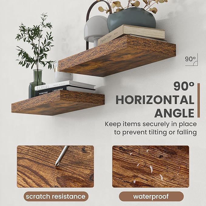 Acovy 30 Inch Floating Shelves, 8 Inch Deep Floating Shelves for Wall, Hanging Shelf with Invisible Brackets, Deep Shelves for Bathroom, Bedroom, Living Room, Brown, Set of 2