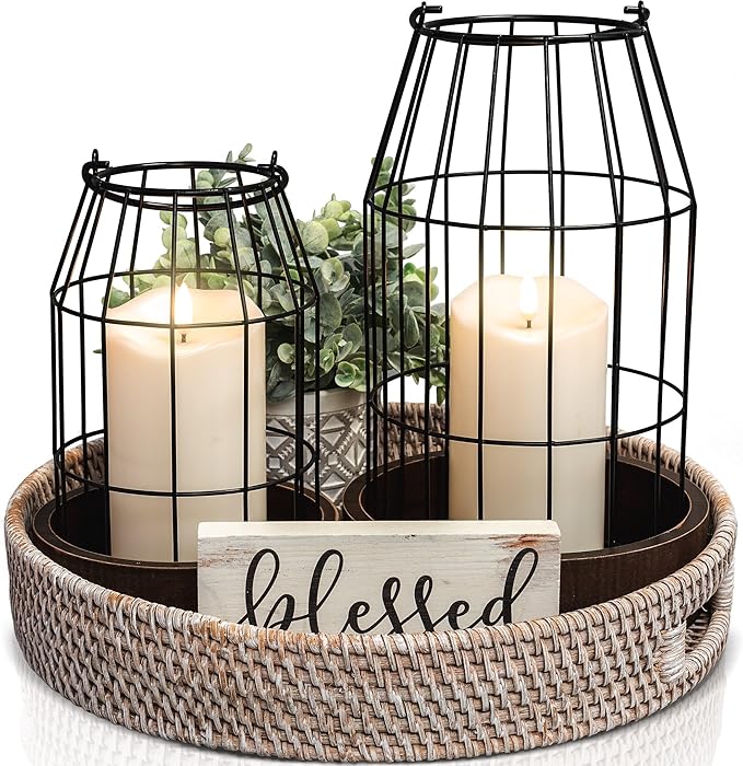Rustic Farmhouse Lantern Decor Set of 2 - Stylish Decorative Lanterns for Your Living Room, Fireplace Mantle or Kitchen Dining Table - Modern Indoor/Outdoor Coffee Table Decor for Your Entire Home