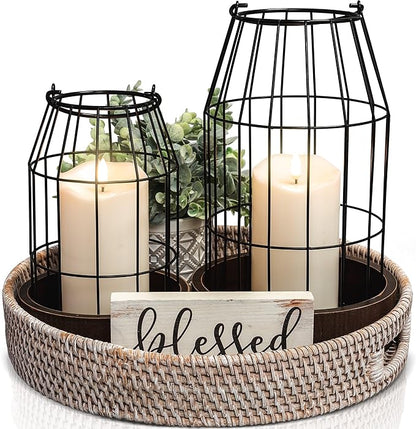 Rustic Farmhouse Lantern Decor Set of 2 - Stylish Decorative Lanterns for Your Living Room, Fireplace Mantle or Kitchen Dining Table - Modern Indoor/Outdoor Coffee Table Decor for Your Entire Home