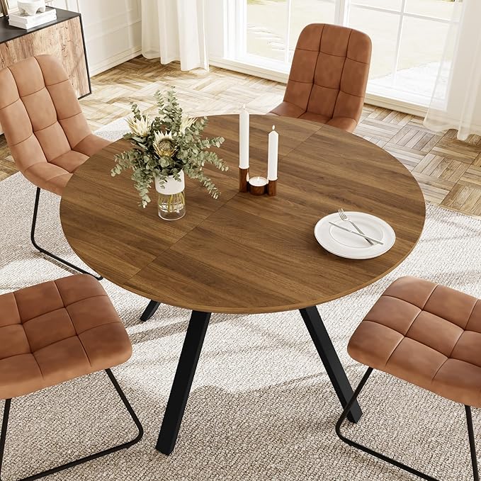 Extendable Round Dining Table Set for 4 People, 43.3"-59.1" Extendable Kitchen Table with 4 Upholstered Chairs, Space Saving for Kitchen Dining Room (Walunt Table+4 U-Shaped Brown Chairs)