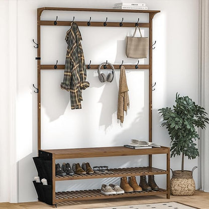 AMBIRD 6-in-1 Bamboo Hall Tree with Shoe Storage, Entryway Organizer Shoe Bench with 16 Coat Hooks and Cloth Bag, Sturdy Bamboo Storage Bench, 46 * 15 * 70 inches Brown