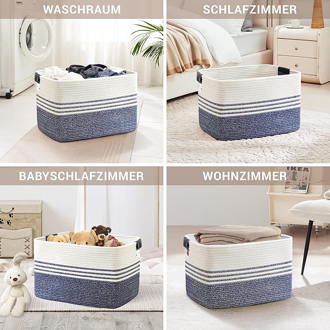 SunNewt 86L Extra Large Laundry Basket with Leather Handles for Living Room Storage, Woven Rope Baskets for Blanket, Kids Toy, Gifts, Wicker Hamper for Bedroom Dirty Clothes, 24"x16"x14" Denim Blue