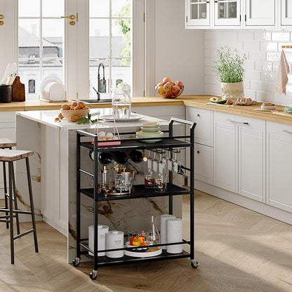 3 Tier Bar Cart, Small Beverage Cart, Mini Bar Cart with Wine Rack, Home Bar Serving Cart with Wheels for Kitchen Dining Living Room (Black, General)