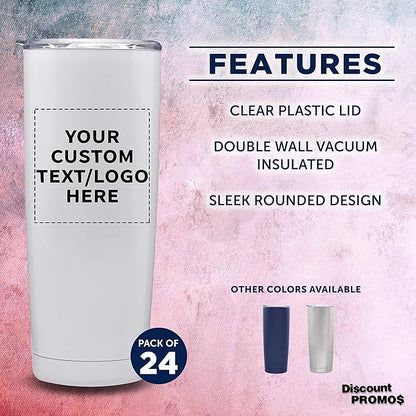 Custom Pipette Stainless Steel Coffee Tumblers 20 oz. Set of 24, Personalized Bulk Pack - Double Wall, Perfect for Coffee, Hot Cocoa, Other Hot & Cold Beverages - White