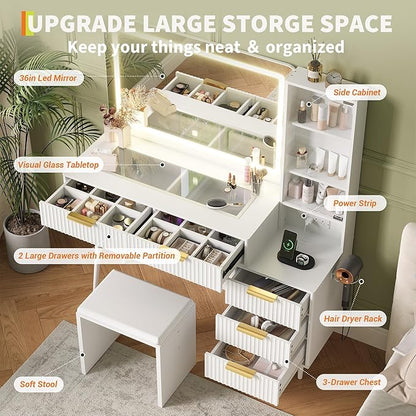 48" Makeup Vanity Desk with Mirror ＆ Lights, 4 Drawers & 3-Shelves Vanity Desk Set, 3 Color Lighting Modes ＆ Adjustable Brightness, Dressing Table Set w/Charging Station for Bedroom - White