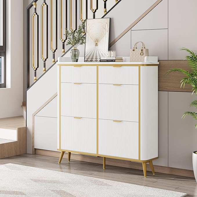 Shoe Cabinet with 4 Flip Drawers and 2 Drawers, Modern Fluted Wood Shoe Storage with Adjustable Shelves, Narrow Slim Shoe Organizer for Entrance, Foyer, Hallway, White