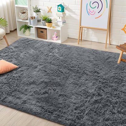 OLANLY Area Rugs for Living Room Bedroom, Machine Washable 4x5.9 ft Soft Fluffy Shaggy Bedside Rug, Indoor Floor Carpet for Kids Girls and Boys, Dorms, Nursery Rooms, Home Decor Aesthetic, Light Grey