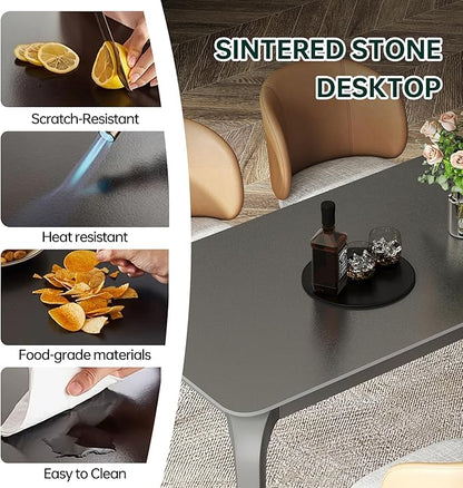 Dining Table, Sintered Stone Kitchen Table, 55'' Black Modern Rectangular Slate Patio Table with Metal Legs, Indoor Outdoor Stone Dining Table for Patio, Backyard, Scratch and Heat Resistant