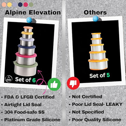 Alpine Elevation 12 Pcs - 6 Stainless Steel Containers + 6 Silicone Lids | 304 Stainless Steel Snack Container | Nesting Snack and Dip Containers | Metal Food Storage