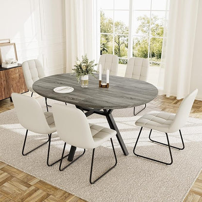 Extendable Round Dining Table Set for 6 People, 43.3"-59.1" Extendable Kitchen Table with 6 Upholstered Chairs, Space Saving for Kitchen Dining Room (Grey Table+6 U-Shaped White Chairs)