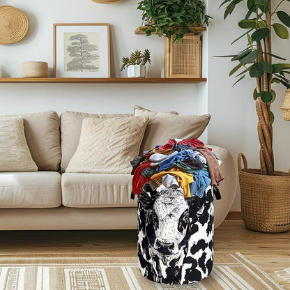 Personalize Black White Cow Laundry Basket Oxford Cloth Foldable Animal Laundry Hamper With Handle Portable Clothes Storage Organizer Basket 18.9x16.5Inch Laundry Bag For Laundry Room/Bedroom/Bathroom