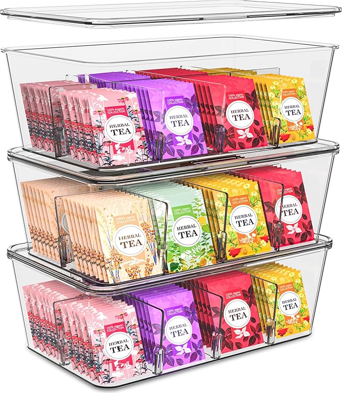 Utopia Home Tea Bag Organizer Set with Lids – 3 Pack Stackable Clear Plastic Storage Bins for Pantry, Cabinet & Fridge – Ideal for Tea, Snacks & Spice Organization