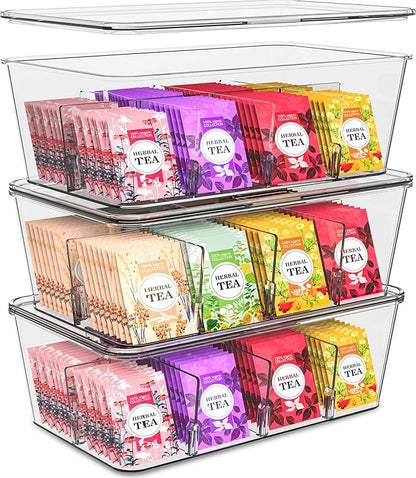 Utopia Home Tea Bag Organizer Set with Lids – 3 Pack Stackable Clear Plastic Storage Bins for Pantry, Cabinet & Fridge – Ideal for Tea, Snacks & Spice Organization