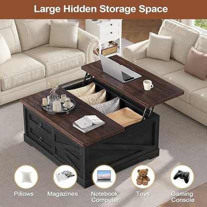 Itaar 39.4'' Lift Top Coffee Table with Storage, Farmhouse Coffee Tables for Living Room, Square Coffee Table with Large Hidden Compartment & 2 Drawers & Adjustable Shelves, Black+Walnut