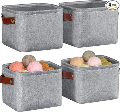 Kntiwiwo Small Fabric Storage Bins, 7.8x6.7x5.9 inch Mini Storage Cubes 4-Pack Storage Basket for Makeup Collapsible Fabric Storage Organizer with Handles, Decorative Basket for Desk, Shelves, Grey