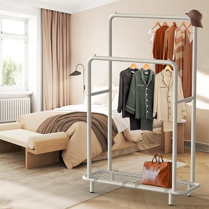 Simple Houseware Double Rod Clothing Garment Rack with Bottom Shelves, White