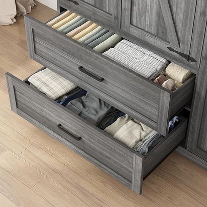 3 Doors Wardrobe Armoire Closet with Doors and Drawers, Farmhouse Wooden Armoire Storage Cabinet with Shelves & Hanging Rod for Bedroom, Grey