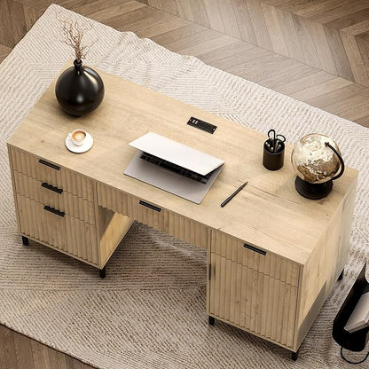 55" Large Fluted Executive Desk with File Drawer, Computer Desk with Storage and Charging Station, Modern Wooden Home Office Desk for Workspace, Writing, Study, Light Oak