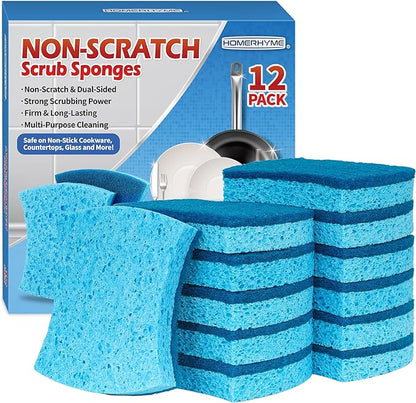Non-Scratch Cellulose Scrub Sponges 12 Pack, Sponges Kitchen with Double-Side & Ergonomic Design for Dishes, Coated Cookware, Sink & Countertops.