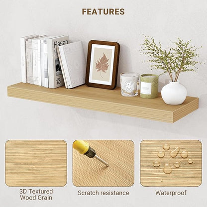 Acovy 55 Inch Floating Shelves, 3D Textured Wood Grain, 55"x9.25"x1.5" Inch Deep Floating Shelves for Wall, Wooden Shelves for Bathroom, Bedroom, Living Room, Natural,1 Piece