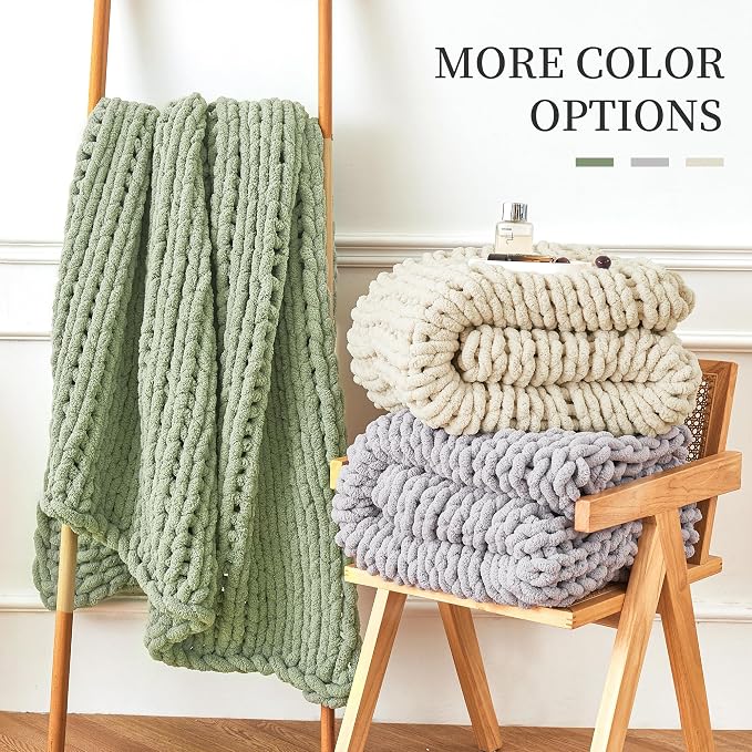Admitrack Chunky Knit Blanket Throw, 100% Hand Knit Chenille Throw Blanket for Sofa & Home Decor, Soft and Cozy Knitted Throw Blankets (Ivory，40"x50")