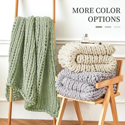 Admitrack Chunky Knit Blanket Throw, 100% Hand Knit Chenille Throw Blanket for Sofa & Home Decor, Soft and Cozy Knitted Throw Blankets (Sage Green，51"x63")