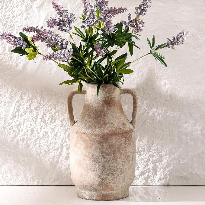 Mitt&Ditt Ceramic Flower Vase with Handles, 11 inch Tall Vase for Centerpieces, Large Decorative Terracotta Vases, Farmhouse Rustic Vases for Home Decor, Living Room, Table, Neutral