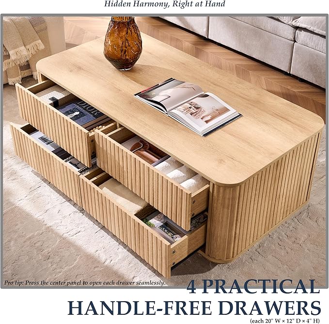 JXQTLINGMU Large Coffee Table with Storage, 51" Modern Fluted Coffee Table with 4 Drawers, Rectangle Wood Center Table for Living Room (Natural Oak)