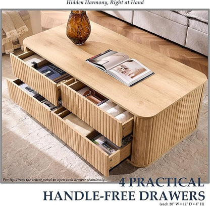 JXQTLINGMU Large Coffee Table with Storage, 51" Modern Fluted Coffee Table with 4 Drawers, Rectangle Wood Center Table for Living Room (Natural Oak)