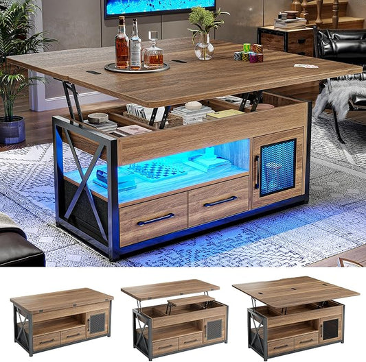 Itaar 40" Lift Top Coffee Table, 4 in 1 Coffee Tables with Storage Cabinet for Living Room, Small Farmhouse Coffee Table with 2 Fabric Drawers & LED Light for Dining Room, Walnut
