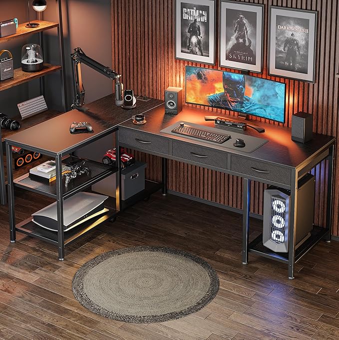 PRAISUN 55 Inch L Shaped Office Desk with Power Outlets and Type-C Port, Large Computer Gaming Desk with 3 Fabric Drawers, Mesh Shelves, Corner Study Work Writing Desk, Black