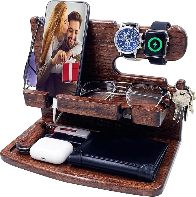 VEIYAILU Gifts for Men Women Dad Husband Boyfriend Wood Phone Docking Station Nightstand Organizer for Men Birthday Gifts (Dark Brown)