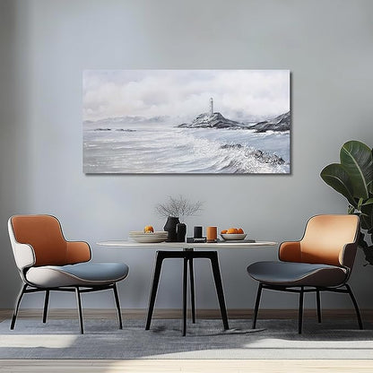 Belmrxne Coastal Wall Art Grey and White Ocean Wall Decor Lighthouse Canvas Painting Textured Aesthetic Artwork for Living Room Bedroom Dining Room Office 24x48 Inches