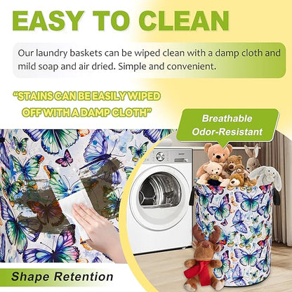 Colorful Butterfly Laundry Basket Funny Foldable Waterproof Oxford Cloth Tote Bag Laundry Hamper Round Large Clothes Storage Bucket Toy Organizer For Bathroom/Laundry Storage/Bedroom 18.9x16.5 Inch