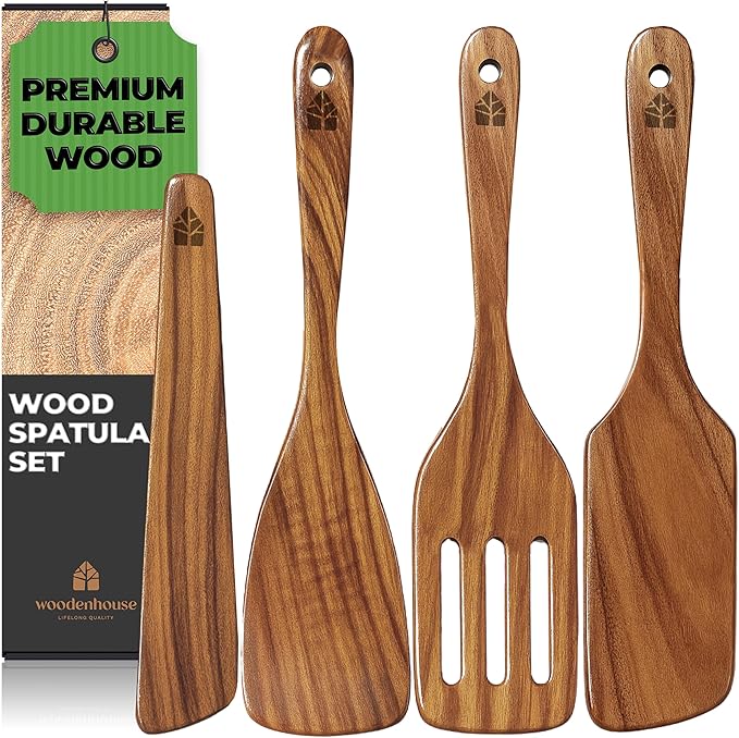 Wooden Spatula for Cooking, Teak Spatulas for Kitchen Use - Wooden Cooking Utensils Set of 4 including Paddle, Turner, Slotted Spurtle and Wood Scraper. Nonstick cookware.