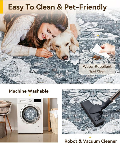 RELEANY Area Rugs Round 8ft Washable Non-Slip, Floral Vintage Distress Medallion Carpet for Living Room Bedroom Dining Room, Light Gray Grey White