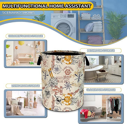 Anchor Laundry Basket Compass Seafaring Foldable Oxford Cloth Funny Tote Bag Laundry Hamper Clothes Storage Bucket Toy Organizer For Bathroom/Laundry Storage/Bedroom 18.9x16.5 Inch