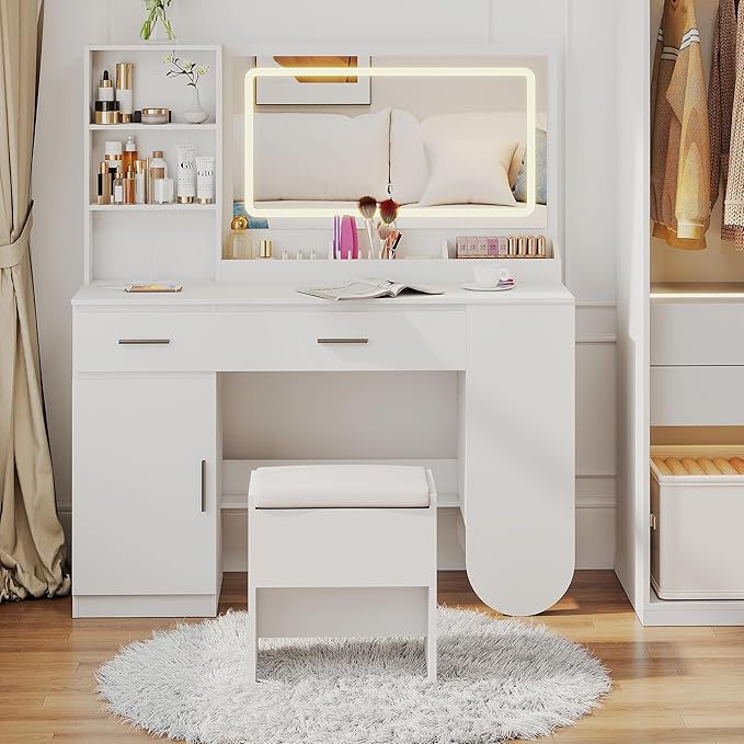 GOODONE 47'' Wood Vanity Desk with Mirror and Lights, Makeup Girls Vanity Set with 2 Drawers, 2 Storage Shelves & 1 Cabinet, Power Outlet, Stool, Dressing Table for Bedroom, White