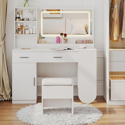 GOODONE 47'' Wood Vanity Desk with Mirror and Lights, Makeup Girls Vanity Set with 2 Drawers, 2 Storage Shelves & 1 Cabinet, Power Outlet, Stool, Dressing Table for Bedroom, White