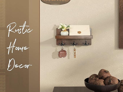 Rebee Vision Farmhouse Key Holder for Wall with Shelf: Decorative Mail Organizer and Key Rack Wall Mount with 3 Anchor Hooks - Rustic Entryway Decor (Retro Brown)