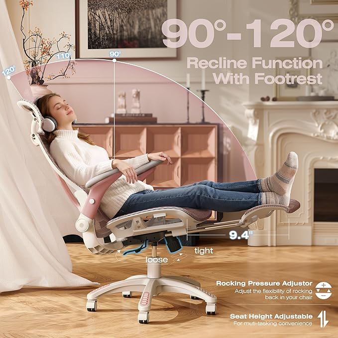 ELABEST X100 Ergonomic Mesh Office Chair with Footrest, Big and Tall Hone Desk Chair with 5D Flip-Up Arms, Adjustable 3D Lumbar Support,Gaming & Executive Computer Chairs