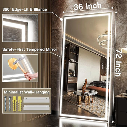 FENNIO Full Length Mirror with Lights, 70" x 32" LED Full Body Mirror, Free Standing Lighted Floor Mirror, Wall Mounted Hanging Mirror with Lights for Bedroom, Salon, Tempered Glass（White）