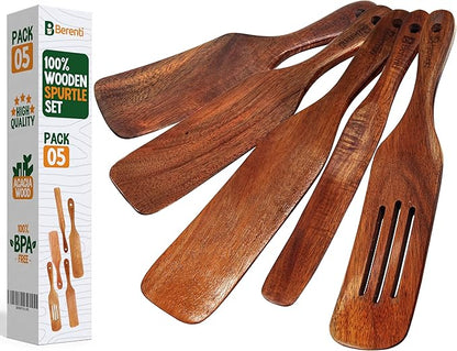 Wooden Spurtle Set – 5 Pcs Acacia Spurtle Spatula for Cooking - Natural Surtle Kitchen Tools for Nonstick Cookware, Salad Mixing, Serving & Stirring