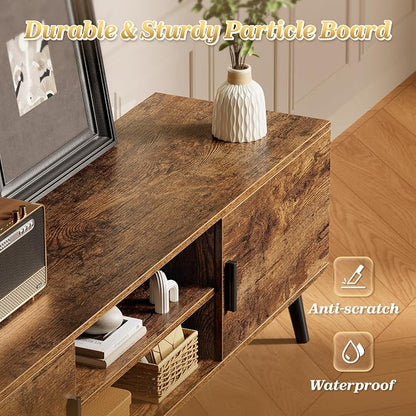 SUPERJARE TV Stand for 55, 65 Inch TV, 63 Inch Entertainment Center with Adjustable Shelf, 2 Cabinets, TV Console Table, Media Console, Solid Wood Feet, 4 Cord Holes, for Living Room, Rustic Brown
