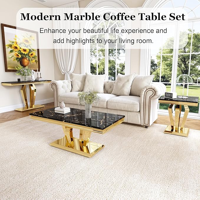 Living Room Coffee Table Set of 3, Modern Marble Coffee, End Side and Console Table, 3-Piece Living Room Table Set with Stainless Steel Base for Living Room (Gold,Black)