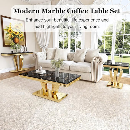 Living Room Coffee Table Set of 3, Modern Marble Coffee, End Side and Console Table, 3-Piece Living Room Table Set with Stainless Steel Base for Living Room (Gold,Black)