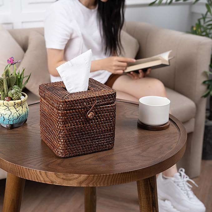 Rattan Square Tissue Box Cover- 5.7" x 5.7" x 5"-Decorative Woven Facial Tissue Holder with Hinged Top Lid- Facial Box for Home, Office,Bathrooms, Decoration (Coffee)