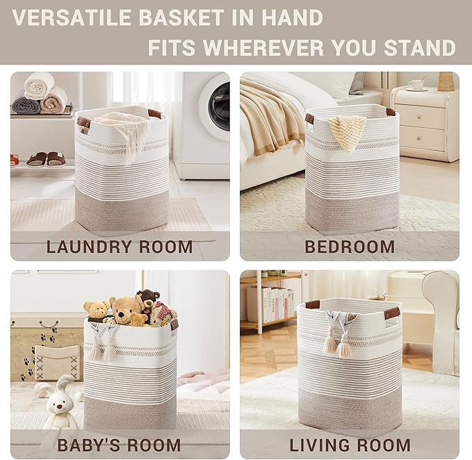 SunNewt 85L Tall Laundry Hamper with Handles for Living Room Storage, Extra Large Woven Rope Baskets Bin for Blanket, Kids Toy, Gifts, Wicker Hamper for Bedroom Dirty Clothes, 17"x14"x22" White Brown